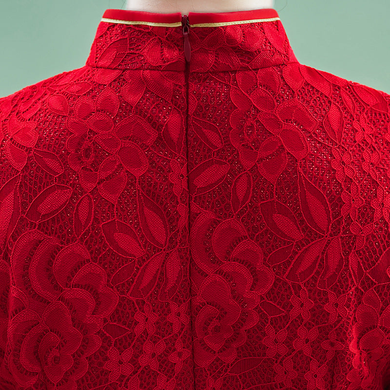 Autumn Red Lace Long Qipao Cheongsam | Elegant Hollow Seven-Sleeve Chinese Dress
