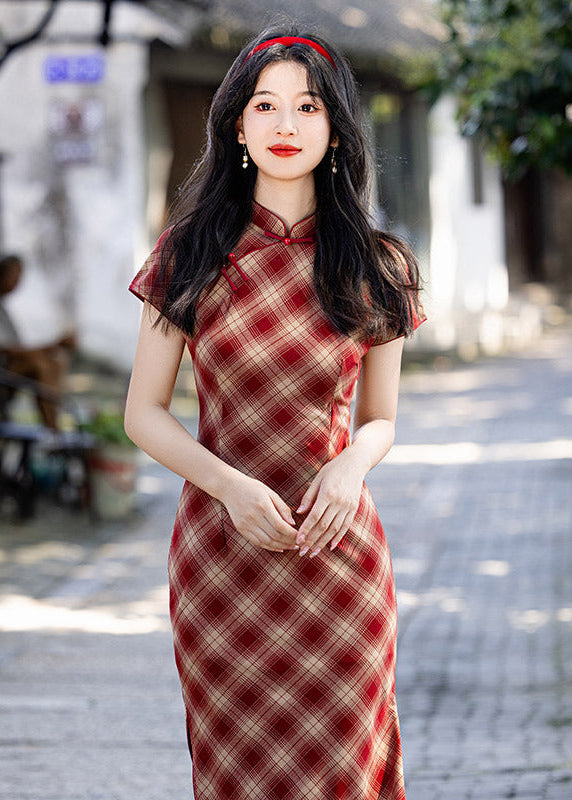 Vintage Red Plaid Qipao | Slim Mandarin Collar Maxi Dress