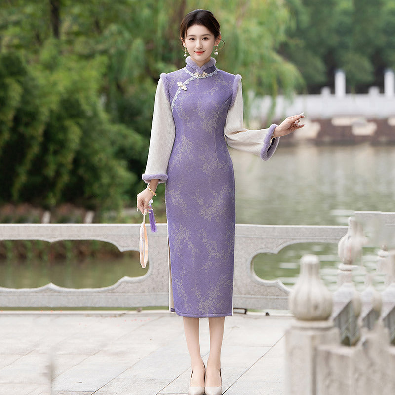 Elegant Purple Cheongsam with Lace and Floral Detailing