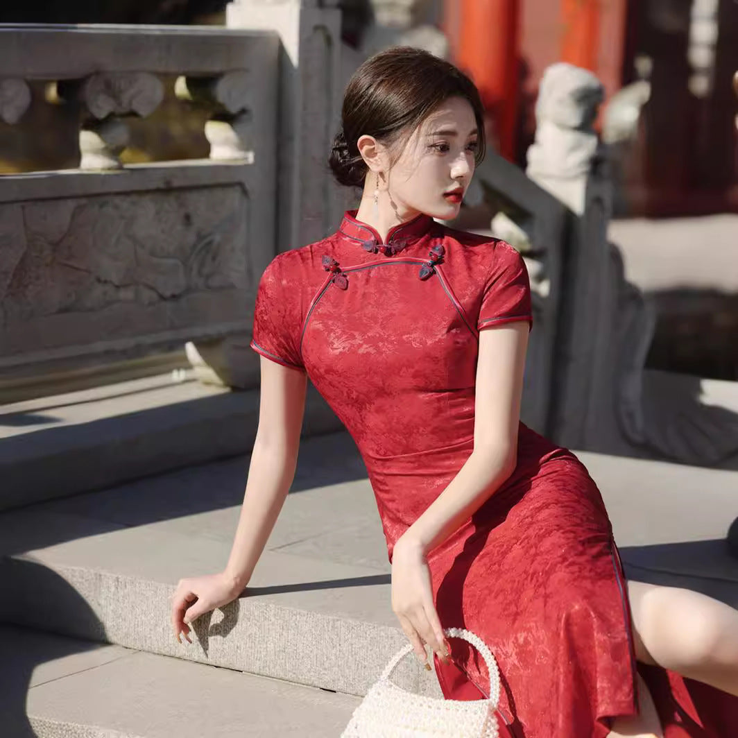Spring Vintage Jacquard Qipao | Chinese Slim Elegant Short Sleeve Dress