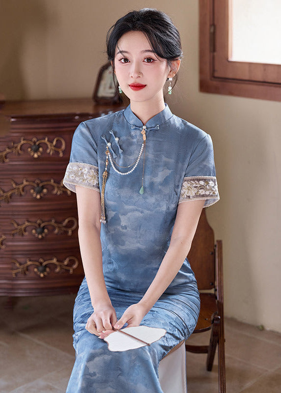 Mist-Blue Vintage Jacquard Qipao | Slim Mandarin Maxi
