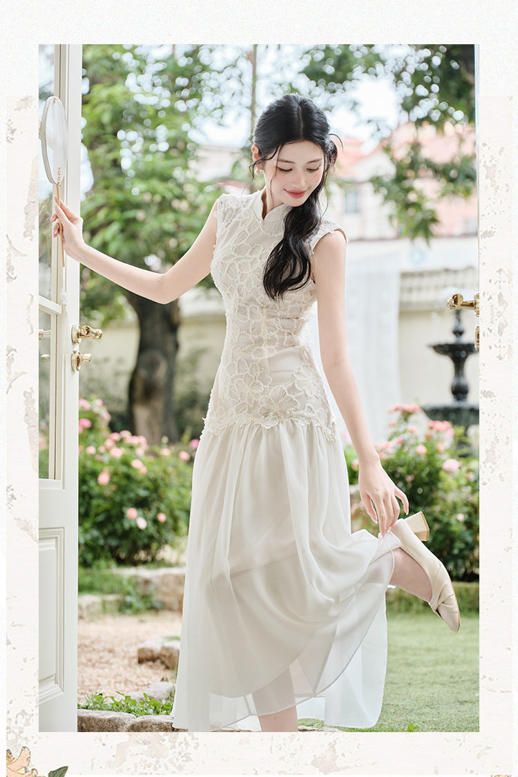 Lace Qipao Gown | Sleeveless White Mandarin Maxi Dress