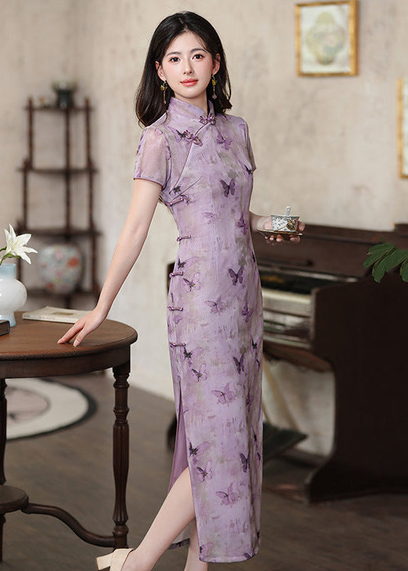 Purple Butterfly Qipao | Slim Mandarin Maxi with Short Sleeves