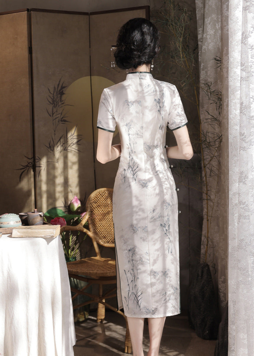 Slim Long Modern Cheongsam Dress | Mandarin Collar & Ink Landscape & Side Slit