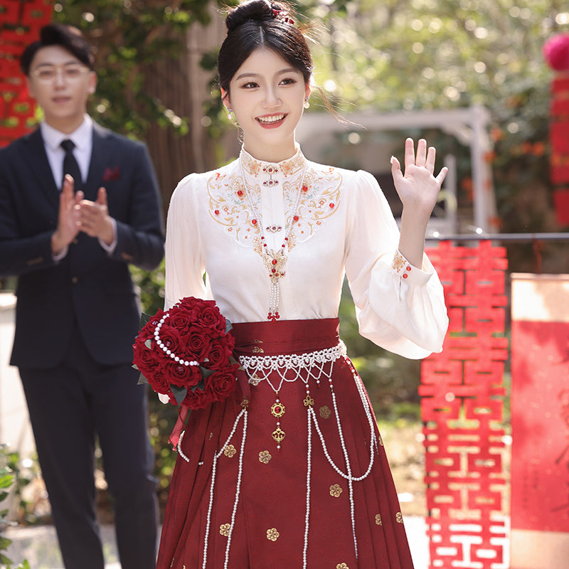 Winter Bridal Embroidered Hanfu Set | Wedding Mamianqun Set with Waist Chain