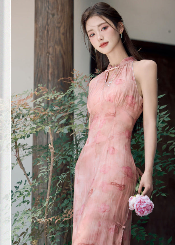 Chinese Style Pink Gradient Halter Cold-Shoulder Qipao Dress