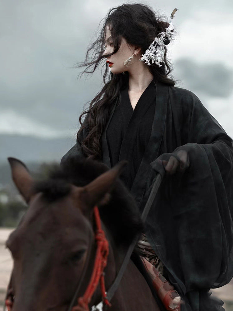 Black Wuxia Hanfu Robe Set For Women Traditional Martial Arts Costume With Wide Sleeves