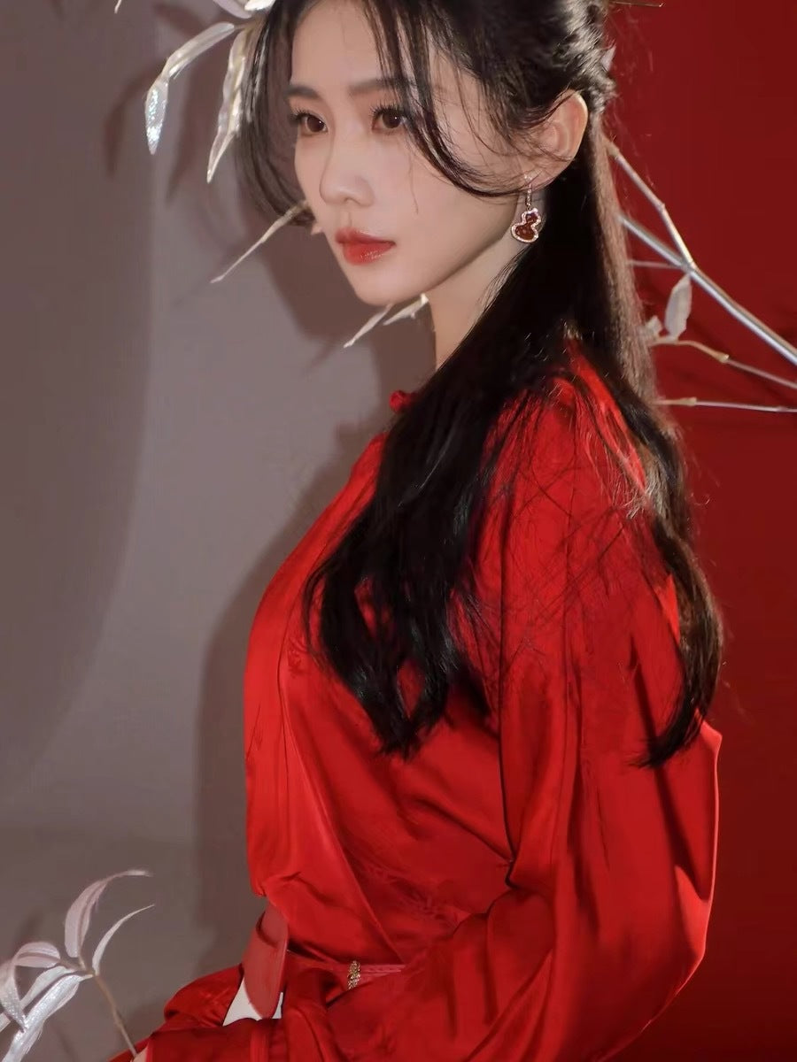 Red Blouse and White Skirt Modern Chinese Fashion Set for Wedding