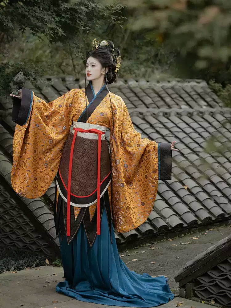 Traditional Hanfu Robe with Red and Blue Accent Belt - Elegant Chinese Ancient Costume
