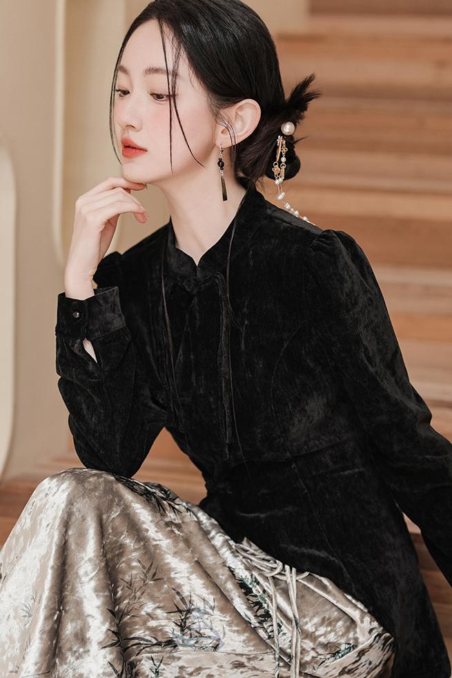 Vintage Black Top with Embroidered Skirt