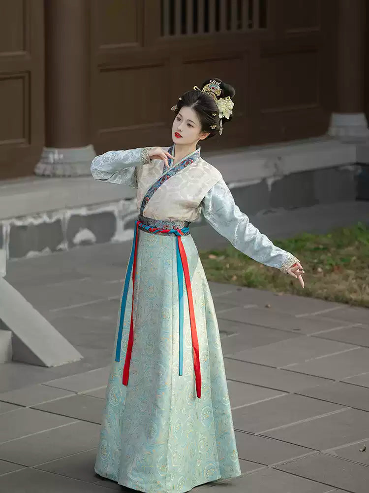 Traditional Tang Dynasty Hanfu Embroidered Dress with Colorful Ribbon Belt