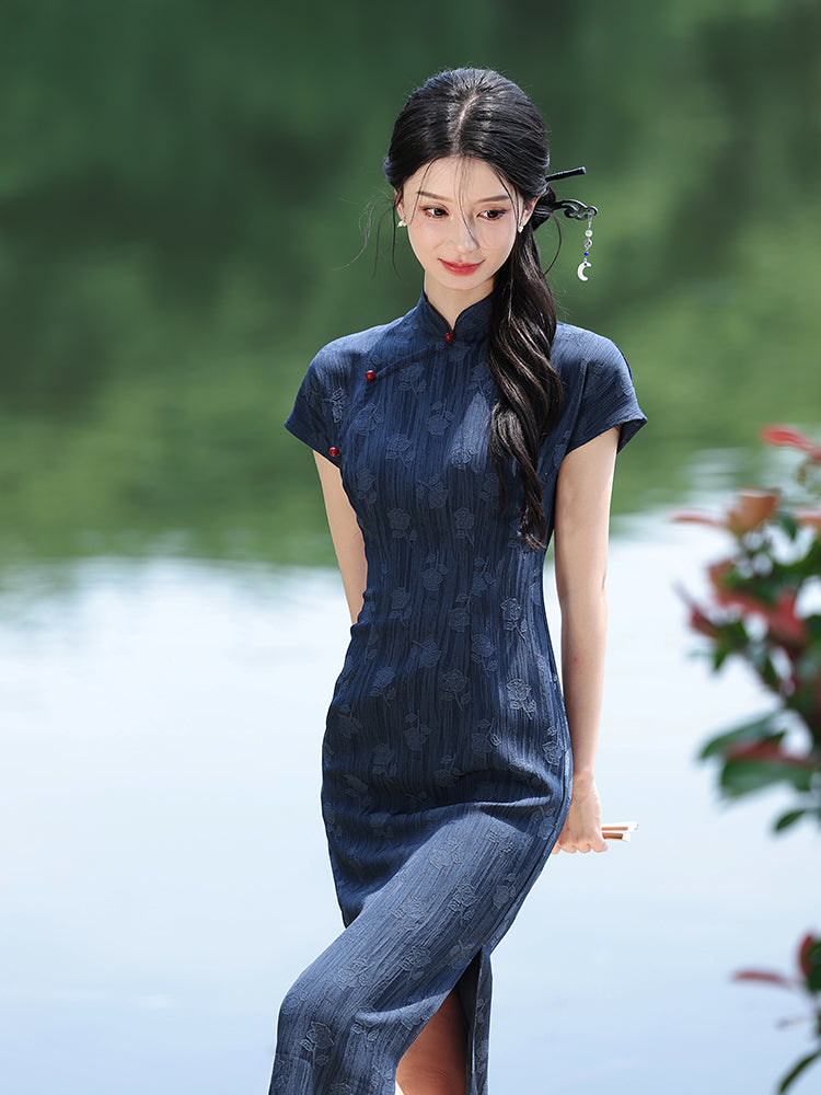 Navy Jacquard Vintage Elegant Qipao Dress | Cap-Sleeve Slim Long Gown