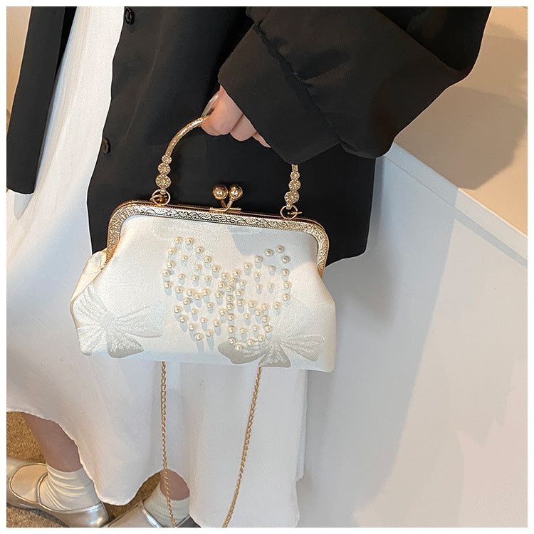 Pearl-Embellished Vintage Bow Evening Clutch Bag for Hanfu Pairing