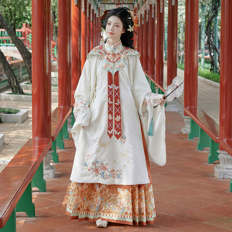 Elegant White Floral Hanfu Dress with Embroidery and Colorful Ribbon