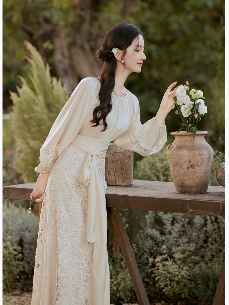 Lace Long Sleeve Dress with Belt, Elegant Women’s Floral Dress