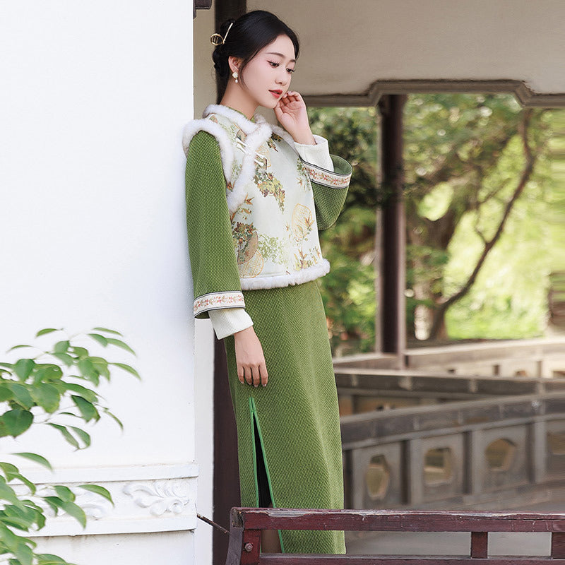 优雅传统汉服——复古中国风花卉刺绣旗袍