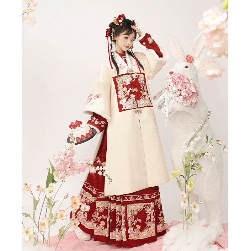 Traditional Red & White Chinese Hanfu with Embroidered Floral Design, Elegant Ancient Chinese Dress for Women