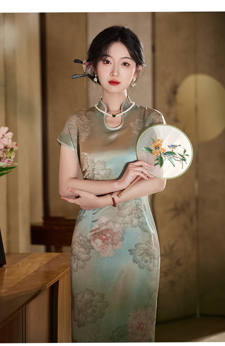 优雅花卉刺绣旗袍复古真丝女式旗袍连衣裙