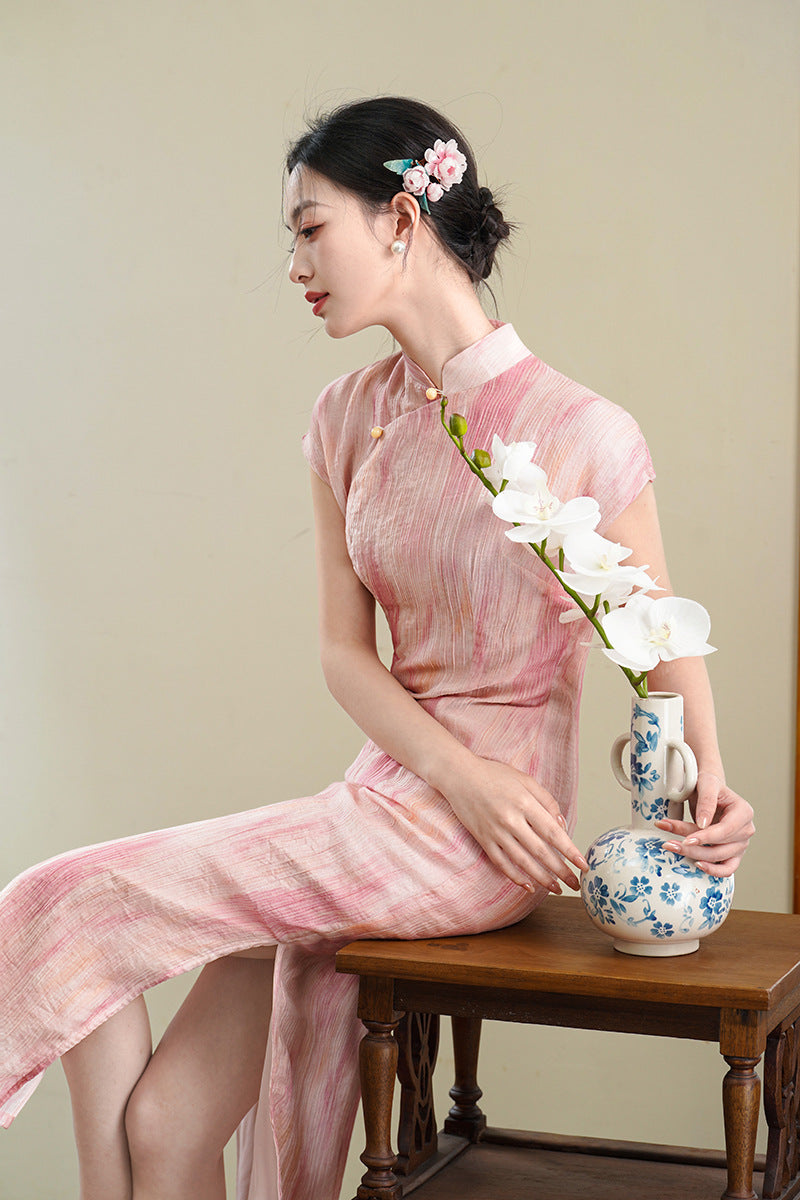 Half-Overlap Long Qipao | Cap-Sleeve Slim Mandarin Dress