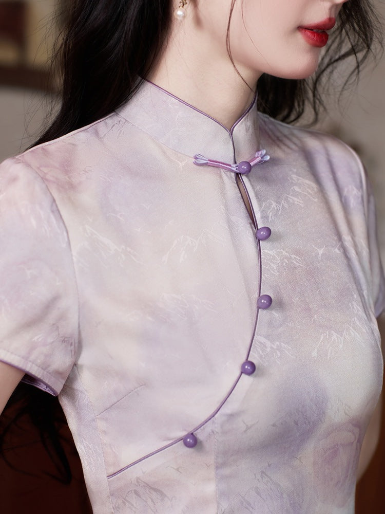Mist-Lilac Jacquard Qipao | Slim Mandarin Midi Cheongsam