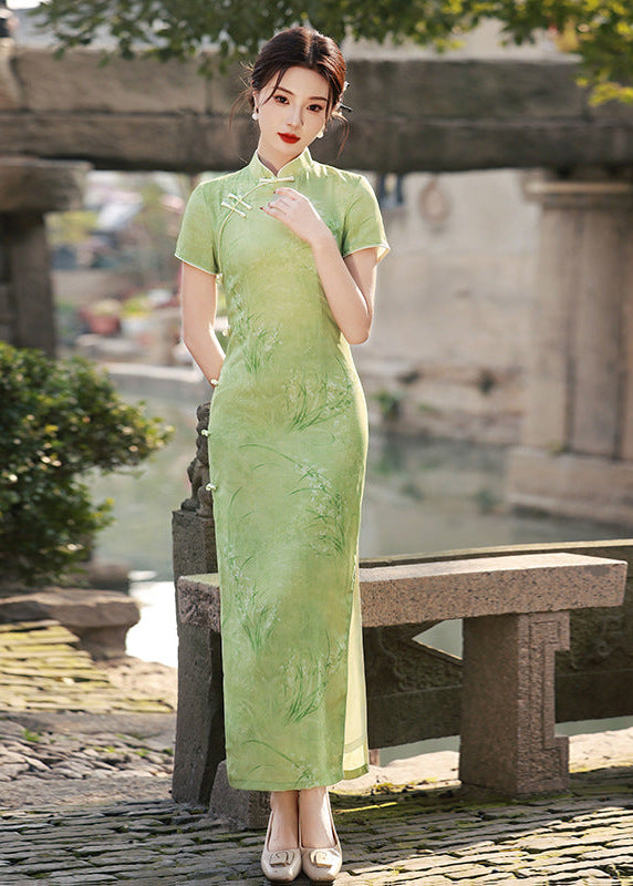 Green Modern Qipao Dress Subtle Jacquard Frog Buttons Mandarin Collar Slim  Side Slit Maxi