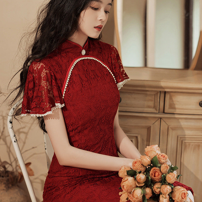 Elegant Red Lace Wedding Cheongsam Dress