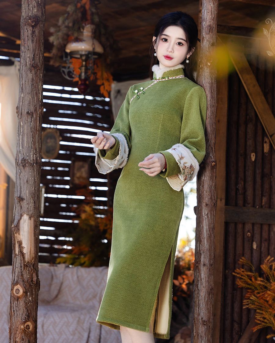 Vintage Chenille Long Sleeve Qipao Dress Winter Warm Midi Cheongsam Hanfu Style