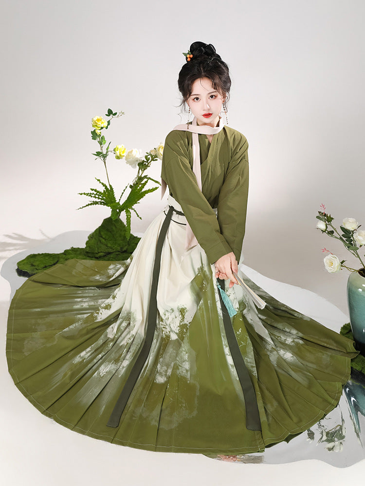 Traditional Chinese Hanfu Dress in Olive Green with Hand-Painted Floral Design
