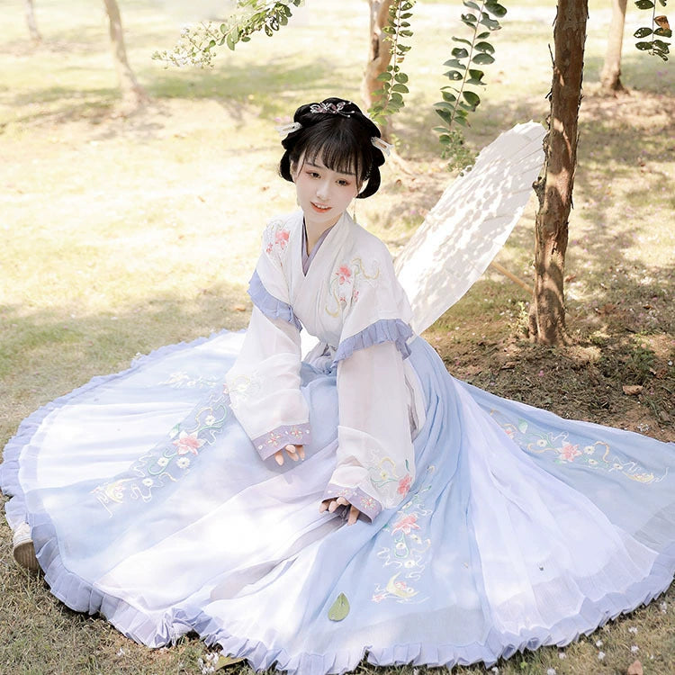 Floral Embroidered Song Dynasty Hanfu Dress – Flowing Chiffon Fairy Gown