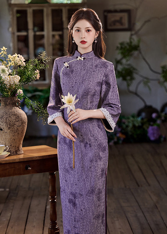 Purple Vintage Jacquard Qipao | Slim Mandarin Maxi