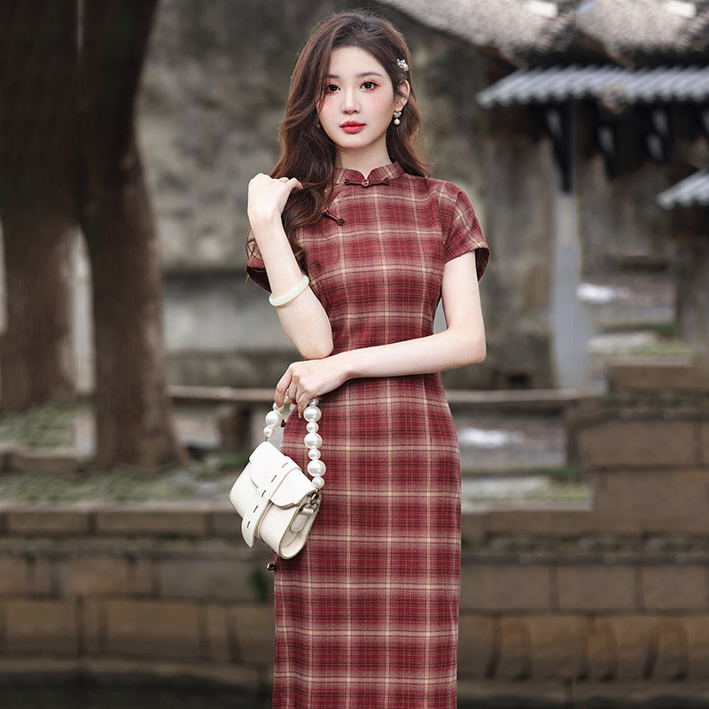 Elegant Plaid Cheongsam Dress Traditional Chinese Qipao for Women