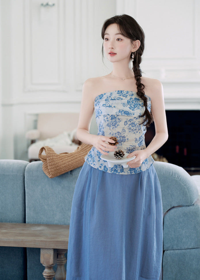 Chinese-Style Blue-and-White Camisole Set | Fresh Blue Sheer Midi Skirt