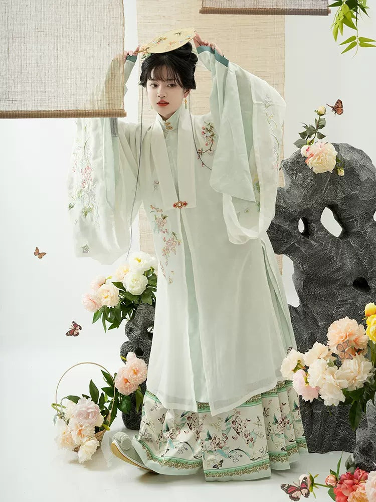 Traditional Hanfu Floral Embroidered Dress with Flowing Sleeves, Elegant Pastel Design, Perfect for Chinese Cultural Occasions
