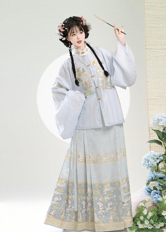 Ming-Style Stand-Collar Embroidered Patch Top & Mamian Skirt Set | Osmanthus Bunny Motif Elegant Hanfu