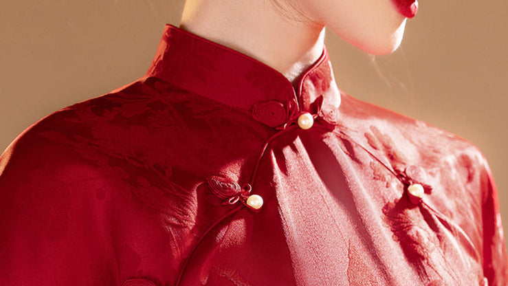 Spring Red Short Sleeve Cheongsam | Elegant Chinese Dress with Subtle Pattern