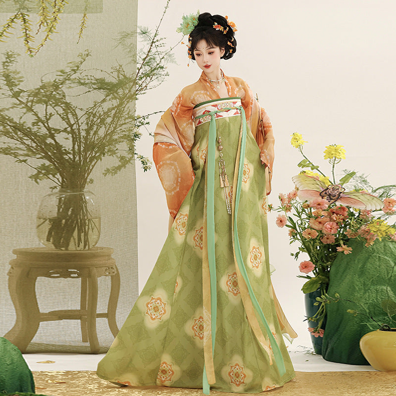 优雅汉服花卉图案百褶裙女装 - 绿橙配色