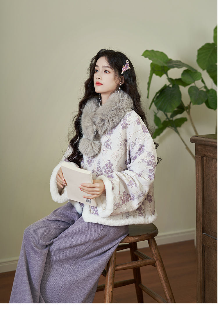 Floral Faux Fur Hanfu Winter Jacket – Elegant Traditional Style Outerwear