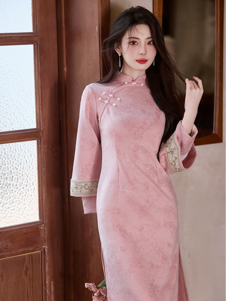 Jacquard Qipao | Mandarin Collar 3/4 Sleeve Midi Dress