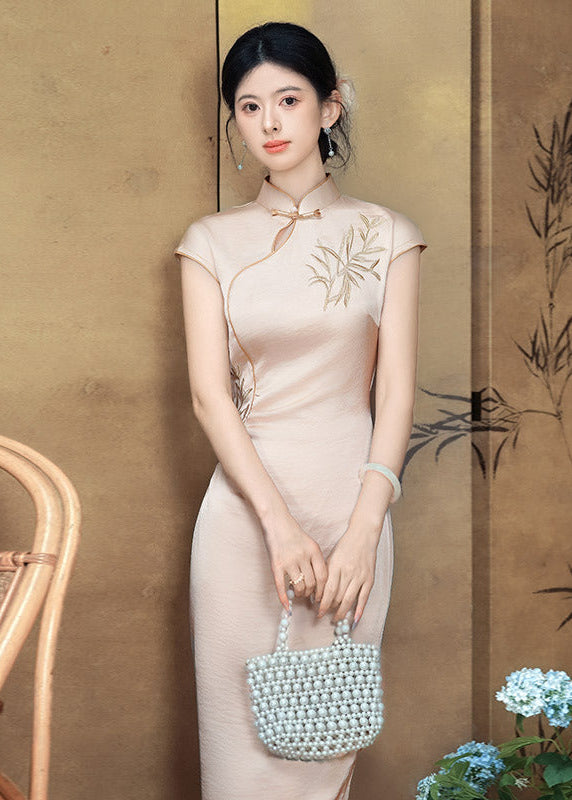 Bamboo Embroidered Qipao | Slim Mandarin Maxi Cheongsam
