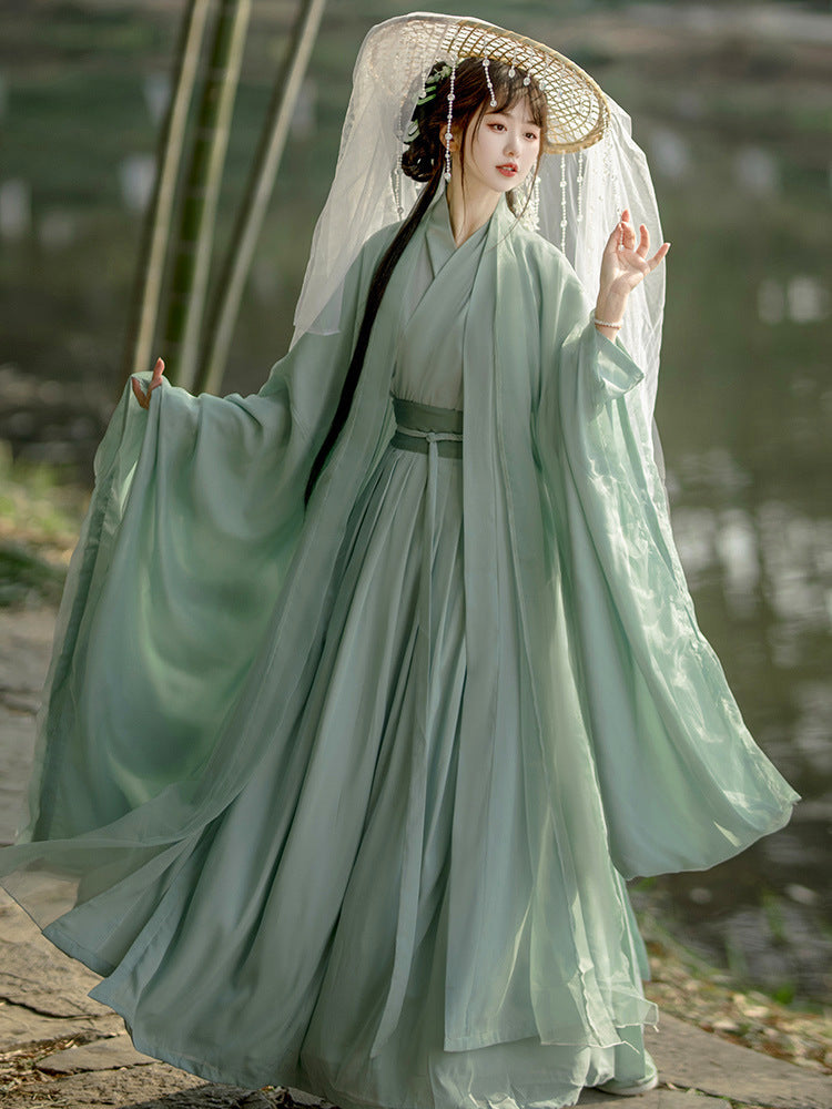 Elegant Flowing Traditional Chinese Hanfu Dress – Graceful Bamboo Green Ancient Style Gown