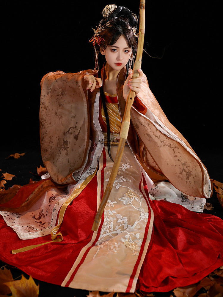 Elegant Tang Dynasty Hanfu Dress Set with Embroidered Cloak & Flowing Skirt