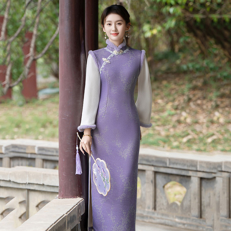 Elegant Purple Cheongsam with Lace and Floral Detailing