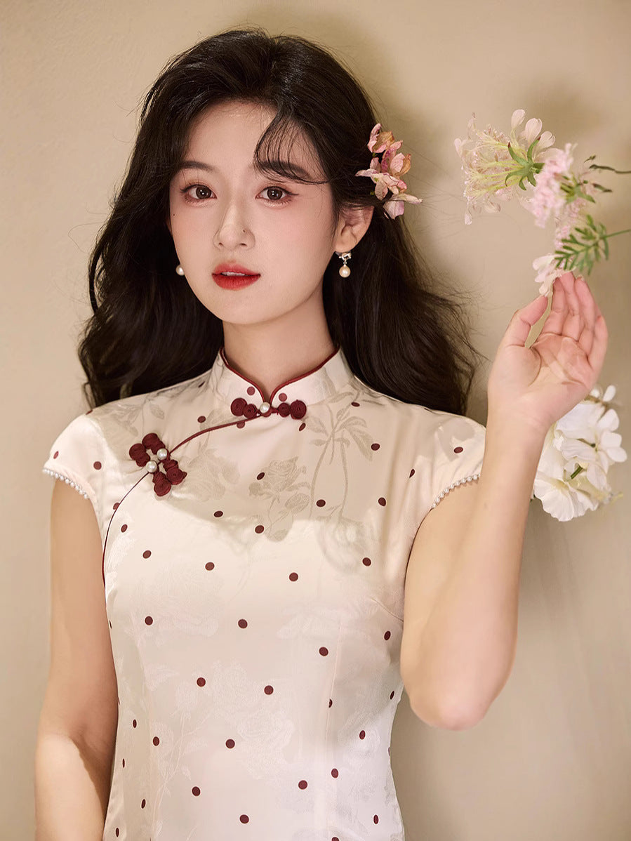 Polka-Dot Modern Qipao | Ivory with Burgundy Dots