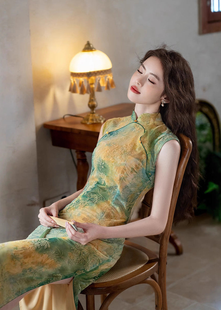 Vintage Yellow & Green Gradient Qipao Long Slim Dress