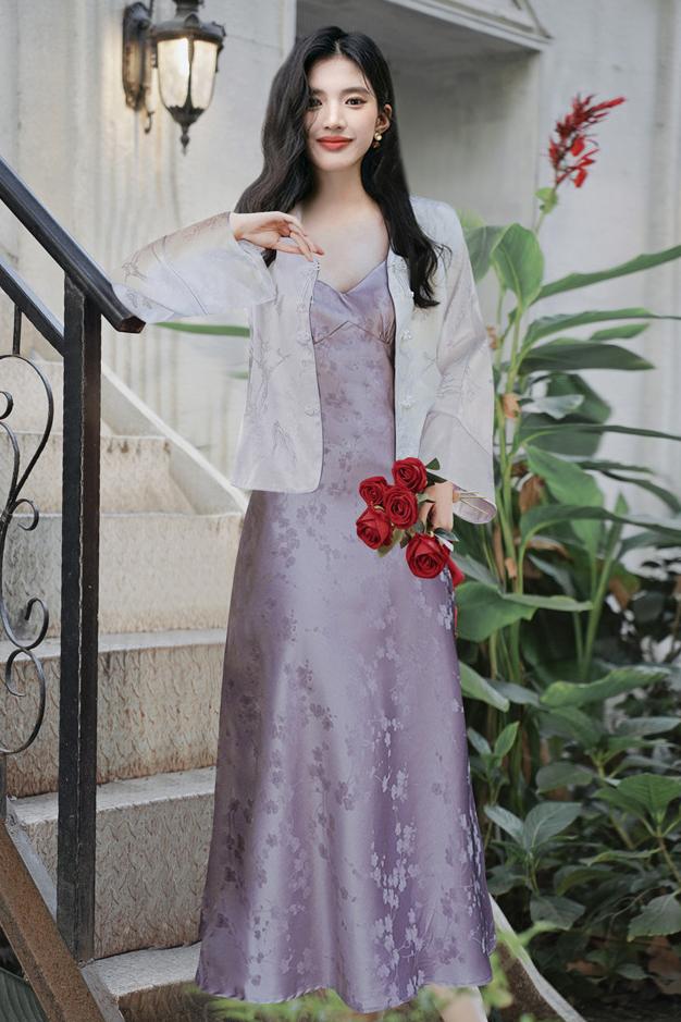 Elegant Purple Floral Dress with White Satin Jacket – Perfect for Traditional Hanfu