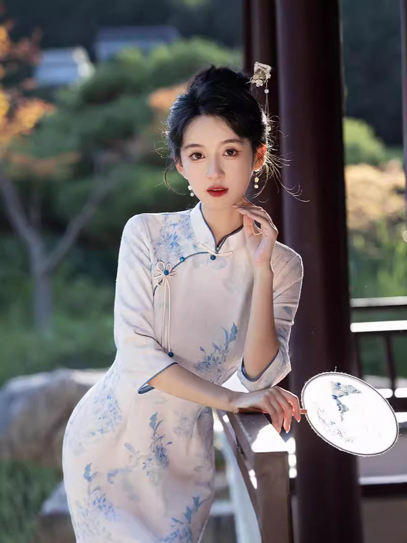 女式复古碎花旗袍