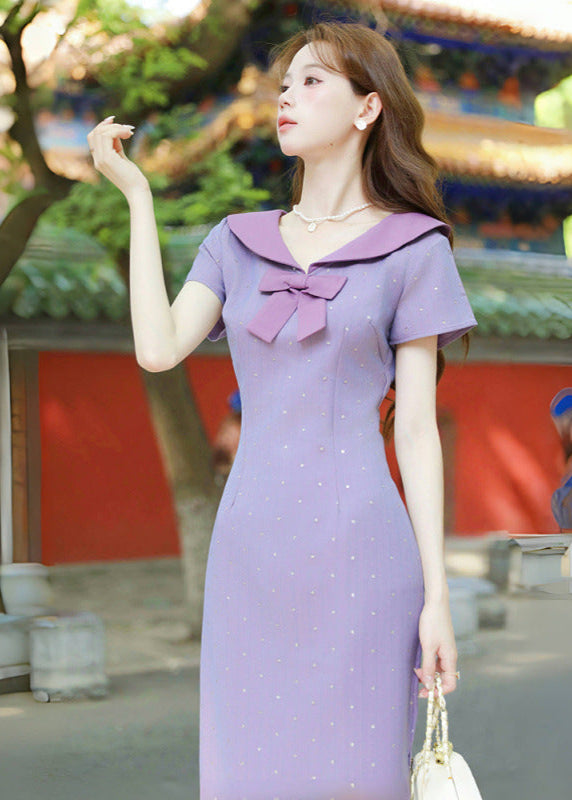 Purple Sailor Bow Midi Qipao Dress | Slim Side-Slit, Retro Sweet