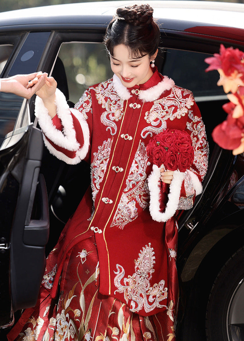 Red Mamianqun Bridal Toast Dress Set | Detachable Warm Cape