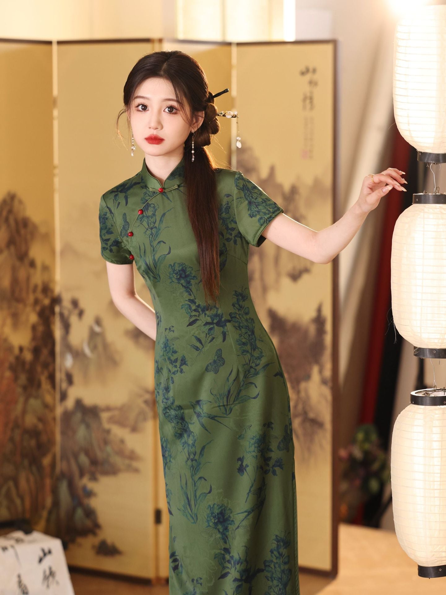 Summer Green Jacquard Qipao | Cap-Sleeve Long Vintage Dress