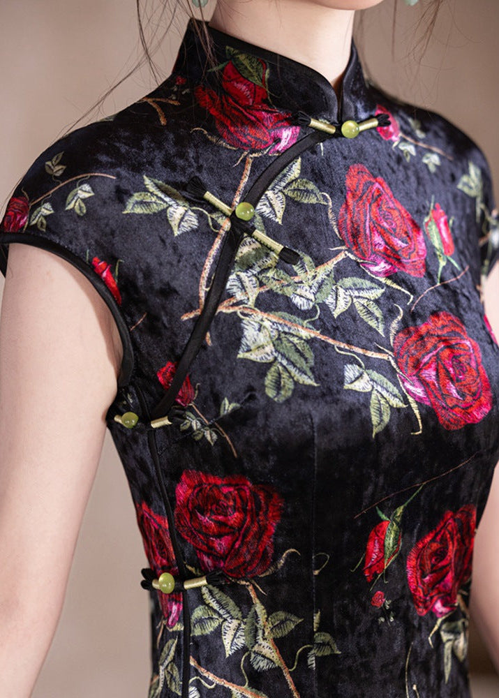 Velvet Rose-Embroidered Qipao | Black with Red Florals
